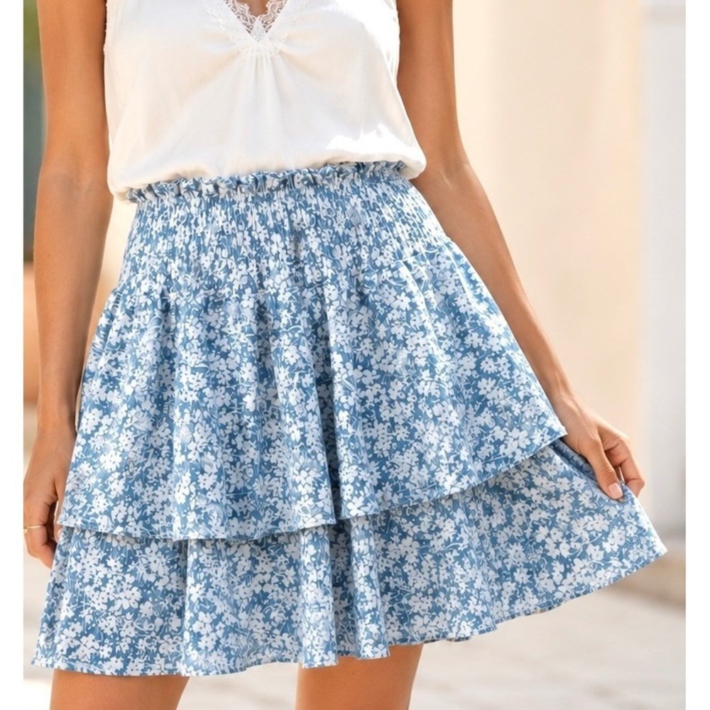 TEMT Ruffle Mini Skirt Floral Blue White Coastal Cottagecore Boho AU Sz 8 US M